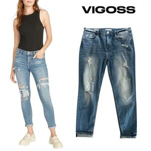 Vigoss Women's Thompson Tomboy Mid Rise Relaxed Blue Distressed Jeans Si…